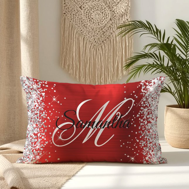 Silver Glitter Shiny Red Foil Fancy Monogram Lumbar Pillow (Silver Glitter Shiny Red Foil Fancy Monogram Lumbar Pillow)