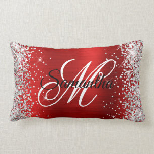 Silver Glitter Shiny Red Foil Fancy Monogram Lumbar Pillow