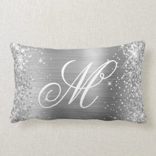 Silver Glitter Shiny Satin Foil Fancy Monogrammed Lumbar Pillow