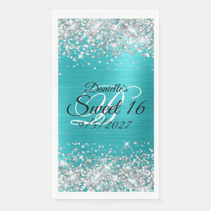 Silver Glitter Shiny Turquoise Blue Foil Sweet 16 Napkin