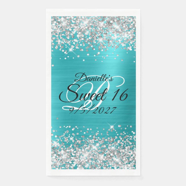 Silver Glitter Shiny Turquoise Blue Foil Sweet 16 Napkin (Front)