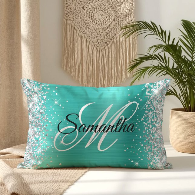 Silver Glitter Shiny Turquoise Foil Fancy Monogram Lumbar Pillow (Silver Glitter Shiny Turquoise Foil Fancy Monogram Lumbar Pillow)