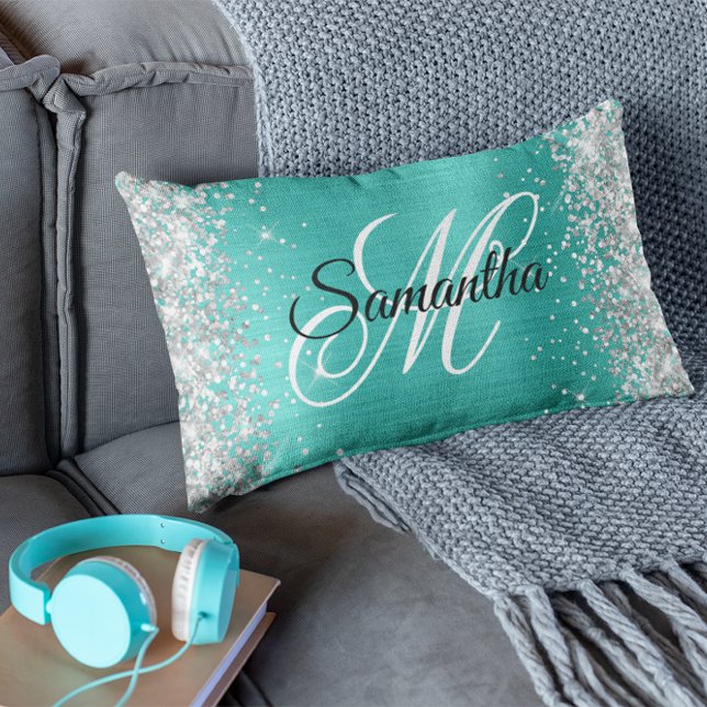 Silver Glitter Shiny Turquoise Foil Fancy Monogram Lumbar Pillow (Creator Uploaded)