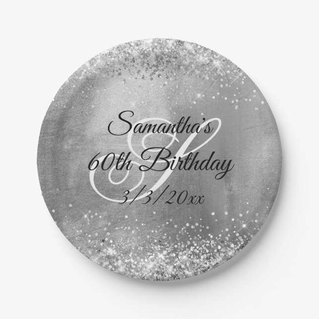 Silver Glitter Silver Foil 60th Birthday Paper Plate (Front)
