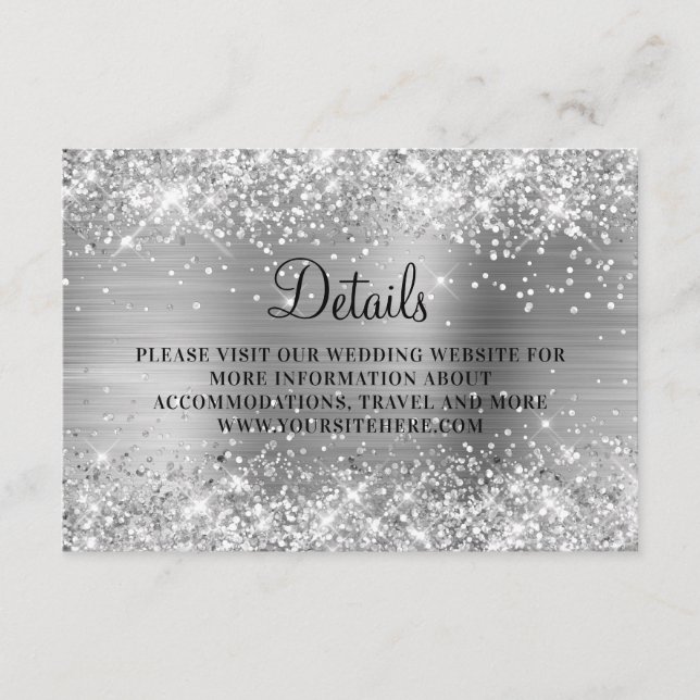 Silver Glitter Silvery Foil Wedding Details Enclosure Card (Front)