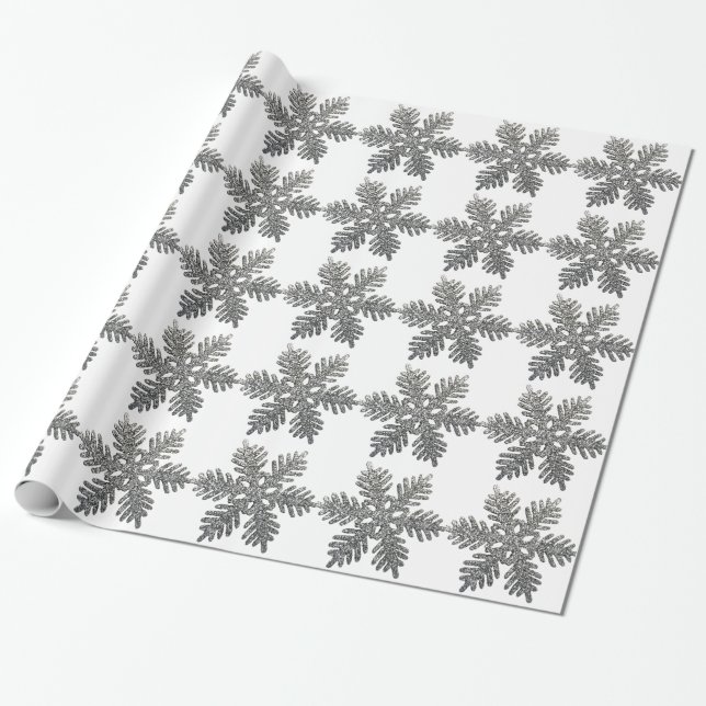 Silver Glitter Snowflake Christmas Decoration Wrapping Paper (Unrolled)