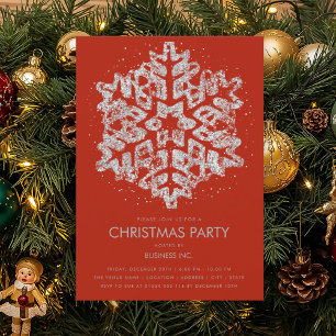 Silver Glitter Snowflake Christmas Party Red Invitation