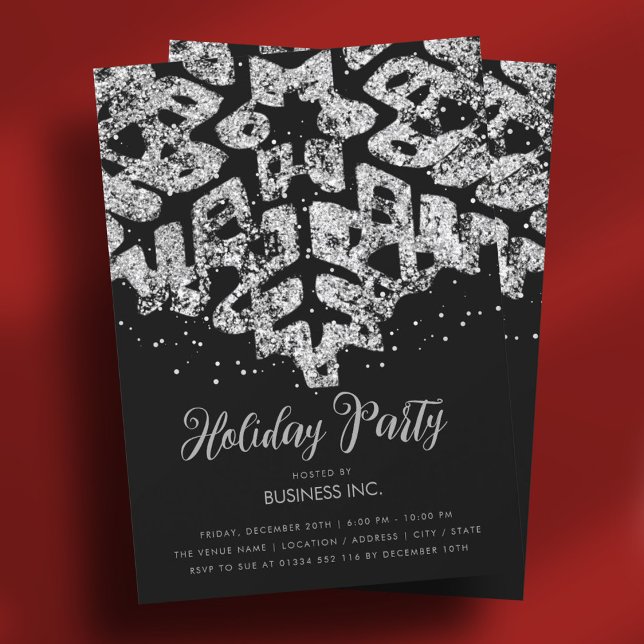 Silver Glitter Snowflake Holiday Party Black Invitation (Silver Glitter Snowflake Holiday Party Black Invitation)