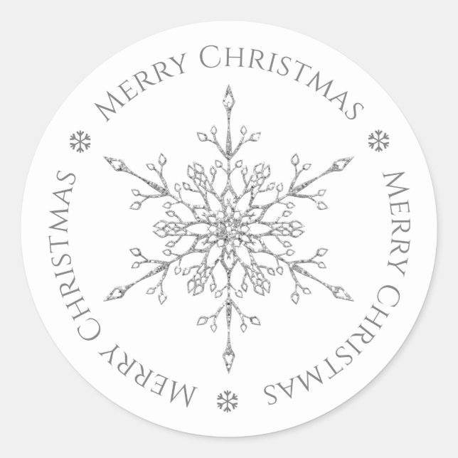 Silver Glitter Snowflake Merry Christmas Classic Round Sticker (Front)