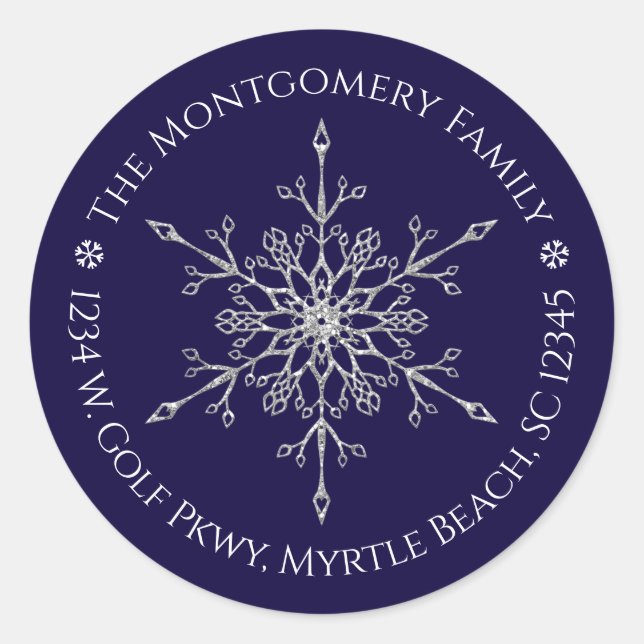 Silver Glitter Snowflake Name Address Christmas Classic Round Sticker (Front)