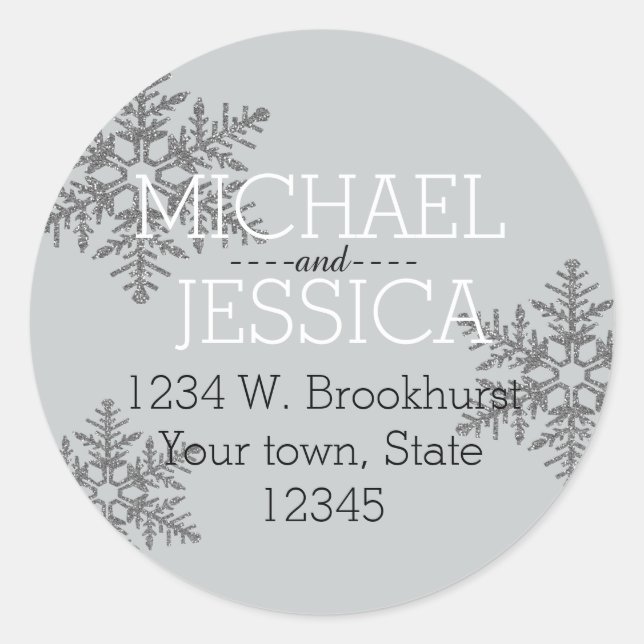 Silver Glitter Snowflake Personalized address Classic Round Sticker (Front)