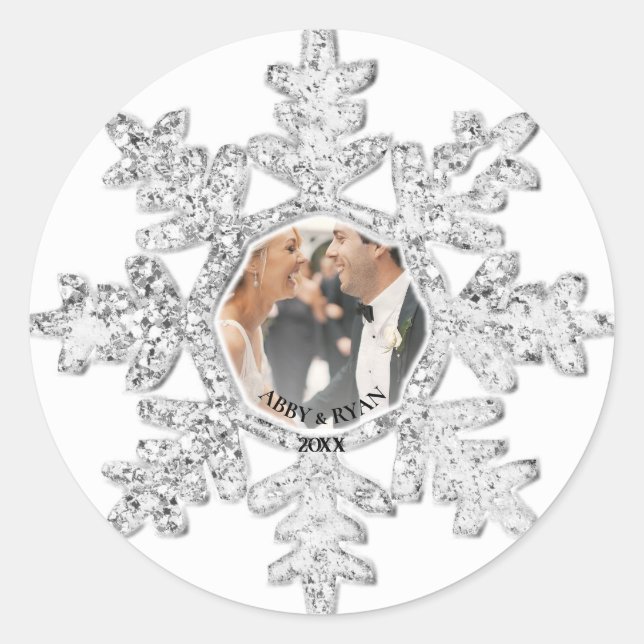 Silver Glitter Snowflake Photo Frame Personalized  Classic Round Sticker (Front)