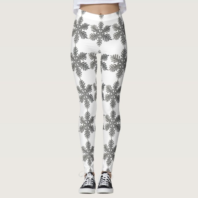 Silver Glitter Snowflake White Christmas Leggings (Front)