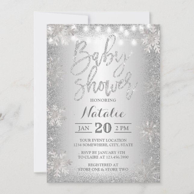 Silver Glitter Snowflake Winter Baby Shower Invitation (Front)