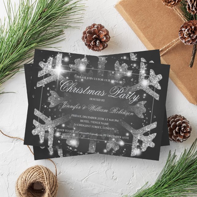 Silver Glitter Snowflake Xmas Holiday Party Black Invitation (Silver Glitter Snowflake Xmas Holiday Party Black Invitation)
