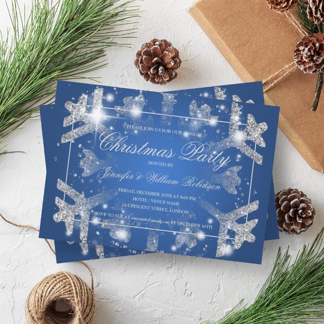 Silver Glitter Snowflake Xmas Holiday Party Blue  Invitation (Silver Glitter Snowflake Xmas Holiday Party Blue Invitation)