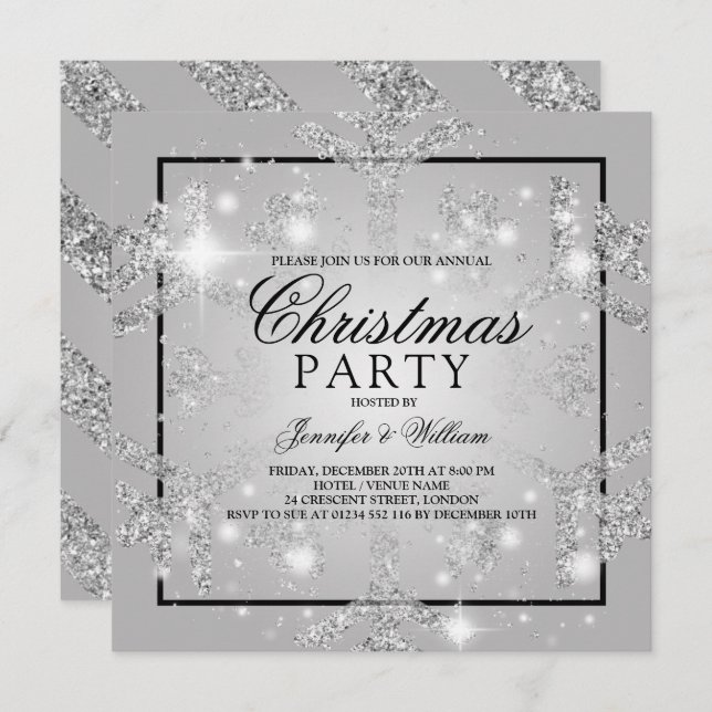Silver Glitter Snowflake Xmas Holiday Party Invitation (Front/Back)
