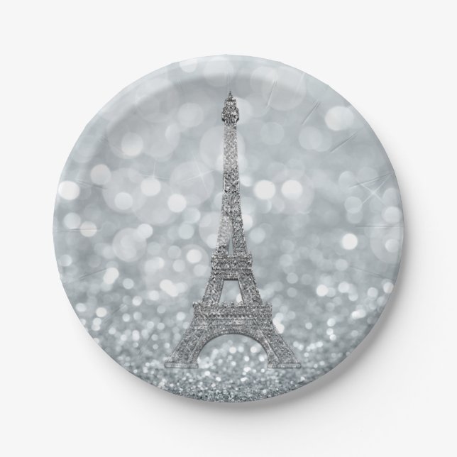 Silver Glitter Sparkle Bling Eiffel Tower Party Paper Plate (Front)