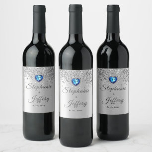 Silver Glitter Sparkle Blue Wedding Wine Label