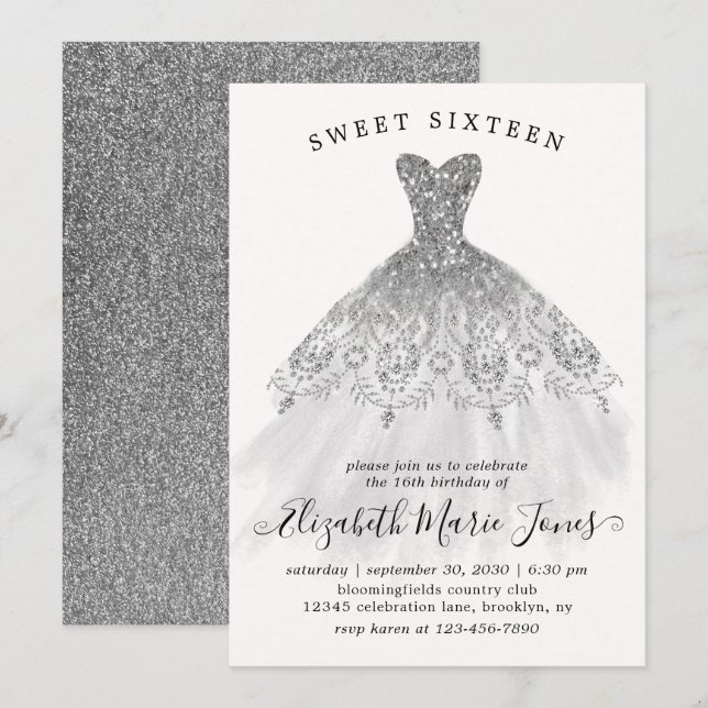 Silver Glitter Sparkle Dress Sweet 16th Birthday Invitation (Front/Back)