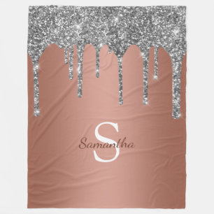 Silver Glitter Sparkle Drip Rose Gold Monogram Fleece Blanket