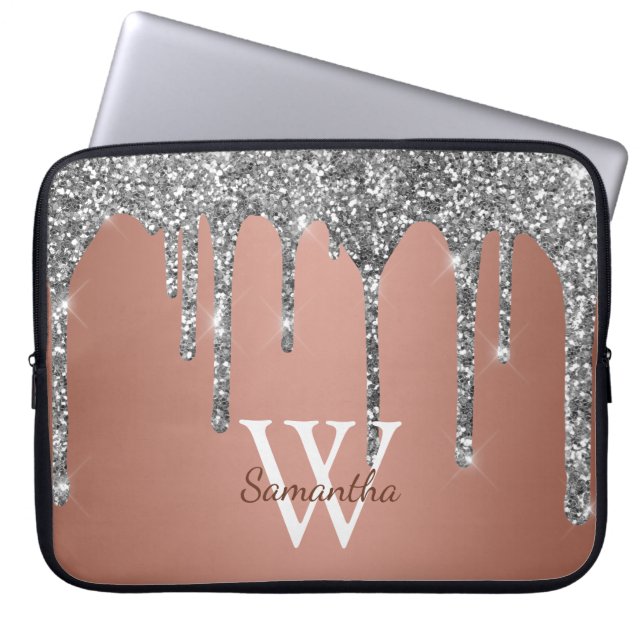 Silver Glitter Sparkle Drip Rose Gold Monogram Laptop Sleeve (Front)