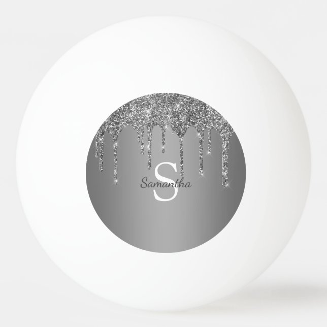 Silver Glitter Sparkle Drips Foil Monogram Name Ping Pong Ball (Front)