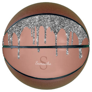 Silver Glitter Sparkle Drips Rose Gold Monogram Basketball
