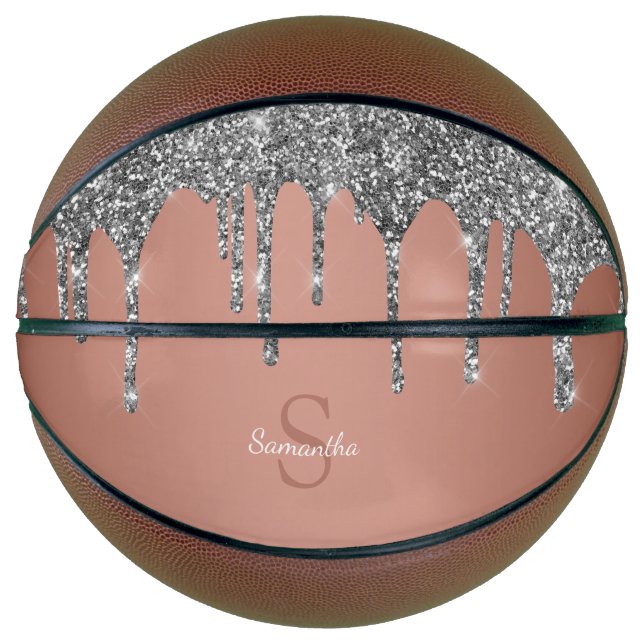 Silver Glitter Sparkle Drips Rose Gold Monogram Basketball (Front)