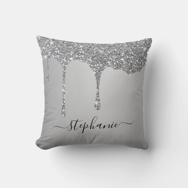 Silver Glitter Sparkle Drips Script Custom Name Throw Pillow (Front)