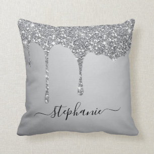 Silver Glitter Sparkle Drips Script Custom Name Throw Pillow