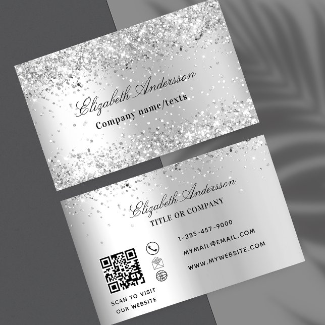 Silver glitter sparkle dust elegant QR code Business Card (Creator Uploaded)