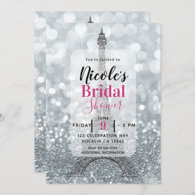 Silver Glitter Sparkle Eiffel Tower Bridal Shower Invitation (Front/Back)