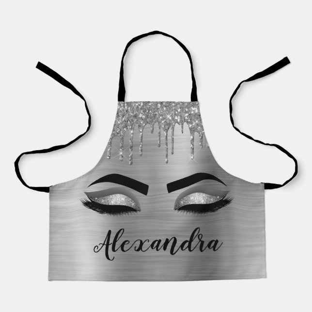 Silver Glitter Sparkle Eyelashes Monogram Name Apron (Front)