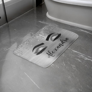 Silver Glitter Sparkle Eyelashes Monogram Name Bath Mat