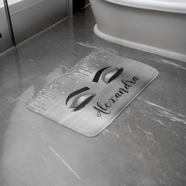 Silver Glitter Sparkle Eyelashes Monogram Name Bath Mat (Creator Uploaded)