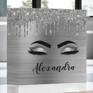 Silver Glitter Sparkle Eyelashes Monogram Name Binder