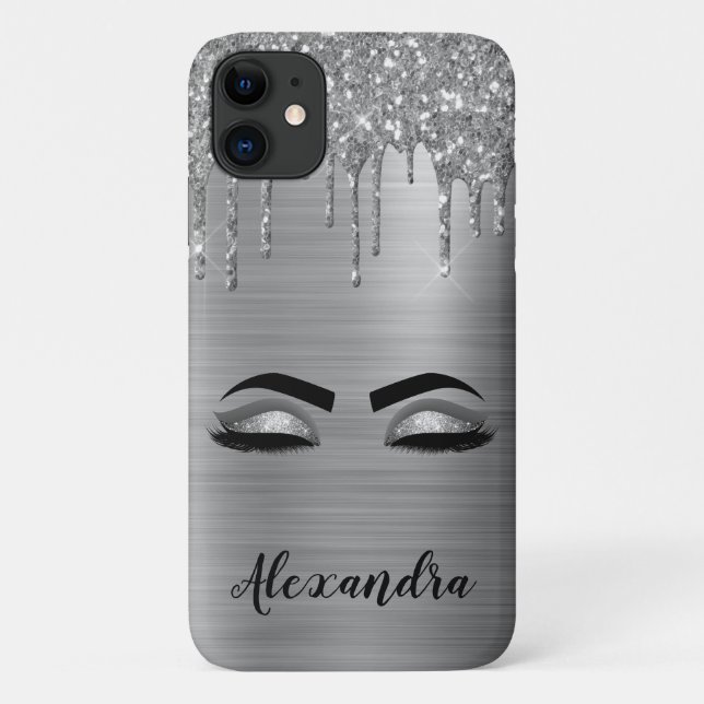 Silver Glitter Sparkle Eyelashes Monogram Name Case-Mate iPhone Case (Back)