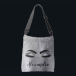 Silver Glitter Sparkle Eyelashes Monogram Name Crossbody Bag<br><div class="desc">Silver Faux Foil Metallic Sparkle Glitter Brushed Metal Monogram Name and Initial Eyelashes (Lashes),  Eyelash Extensions and Eyes Bag. The design makes the perfect sweet 16 birthday,  wedding,  bridal shower,  anniversary,  baby shower or bachelorette party gift for someone looking for a trendy cool style.</div>