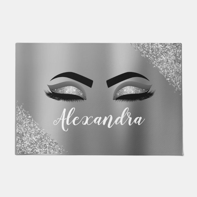 Silver Glitter Sparkle Eyelashes Monogram Name Doormat (Front)