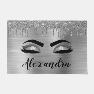 Silver Glitter Sparkle Eyelashes Monogram Name Doormat