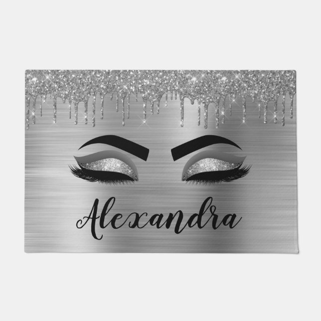 Silver Glitter Sparkle Eyelashes Monogram Name Doormat (Front)