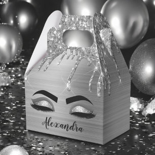 Silver Glitter Sparkle Eyelashes Monogram Name Favor Box