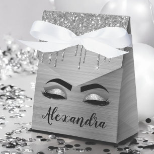 Silver Glitter Sparkle Eyelashes Monogram Name Favor Box