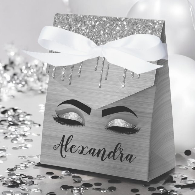 Silver Glitter Sparkle Eyelashes Monogram Name Favor Box (Creator Uploaded)