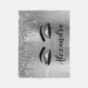 Silver Glitter Sparkle Eyelashes Monogram Name Fleece Blanket