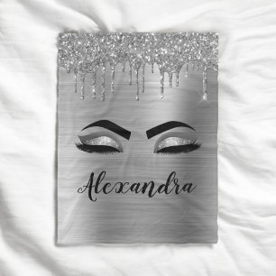 Silver Glitter Sparkle Eyelashes Monogram Name Fleece Blanket