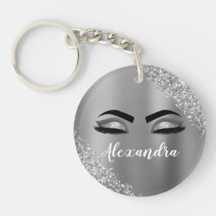Silver Glitter Sparkle Eyelashes Monogram Name Keychain
