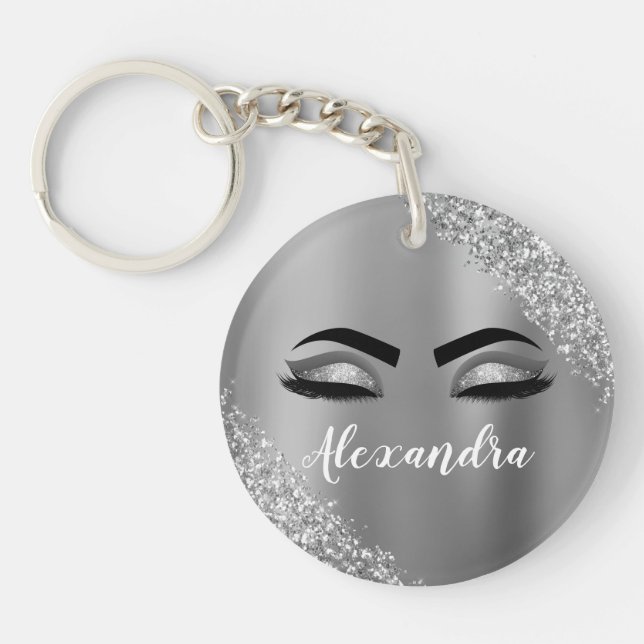 Silver Glitter Sparkle Eyelashes Monogram Name Keychain (Front)