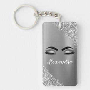 Silver Glitter Sparkle Eyelashes Monogram Name Keychain